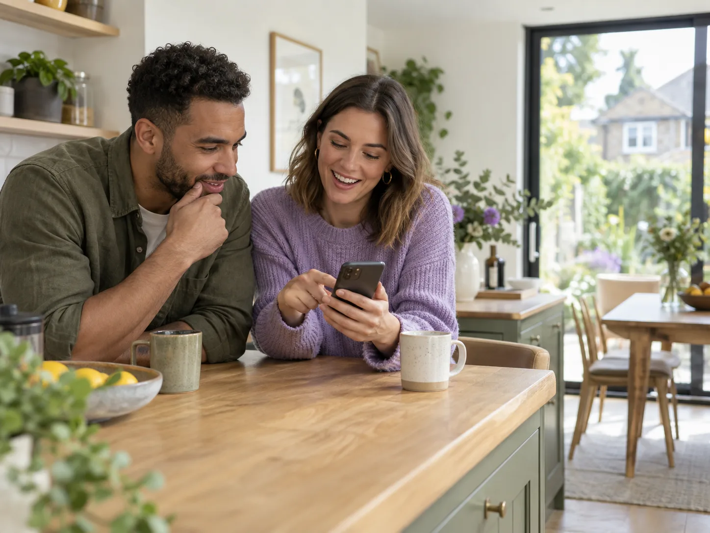 Friends looking at property content together in a bright kitchen
